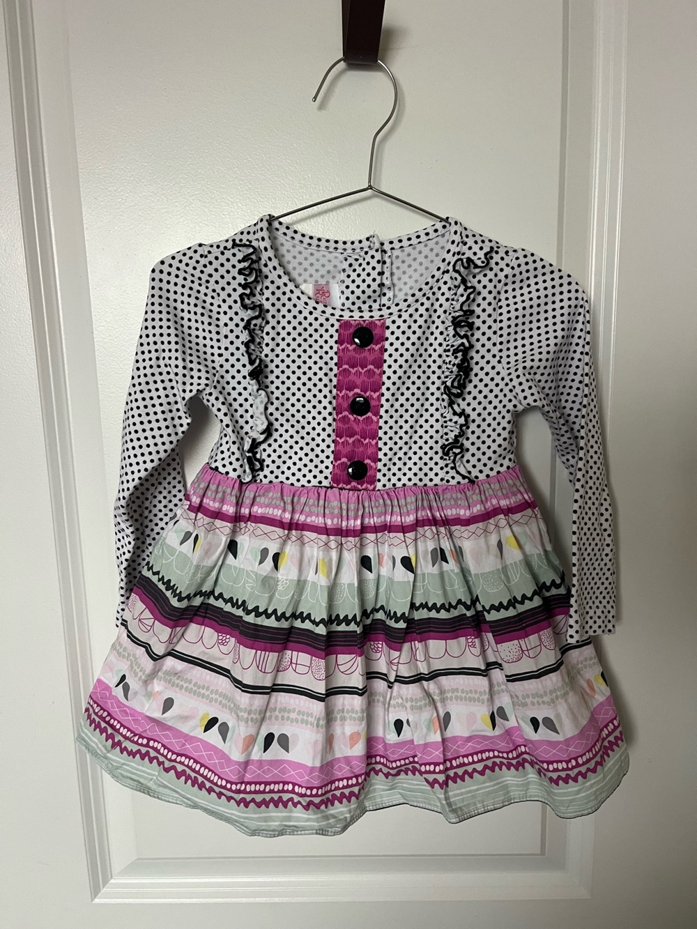 Girls Long-Sleeve Polka Dot Dress with Pink Printed Skirt